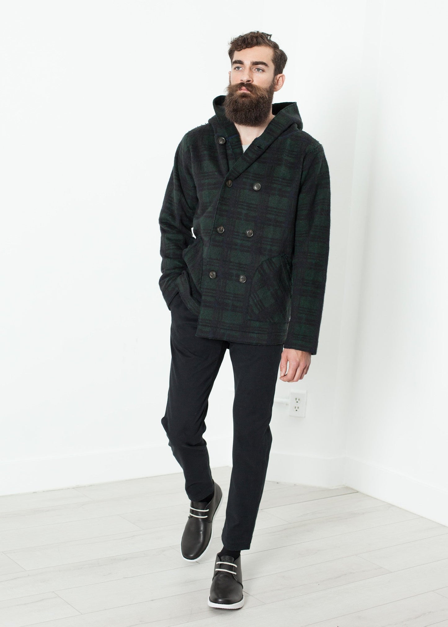 Felpa con cappuccio doppiopetto in Forest Plaid