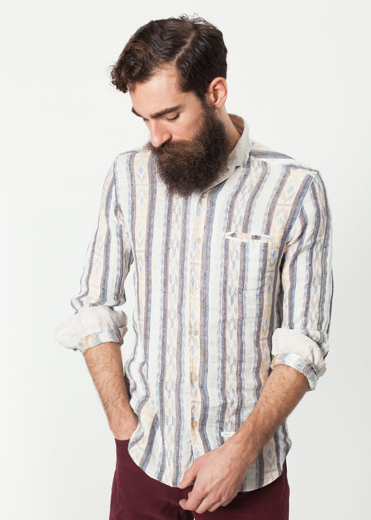 Camicia western in lino beige/blu