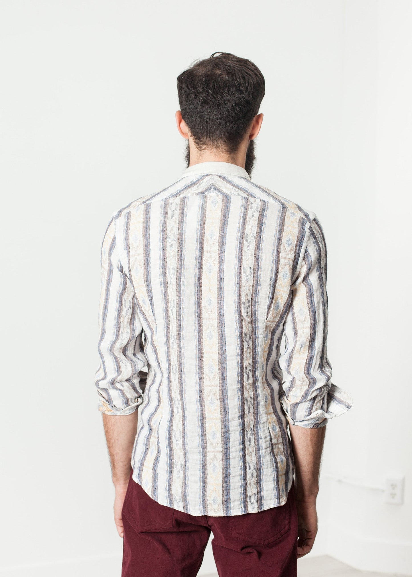 Camicia western in lino beige/blu